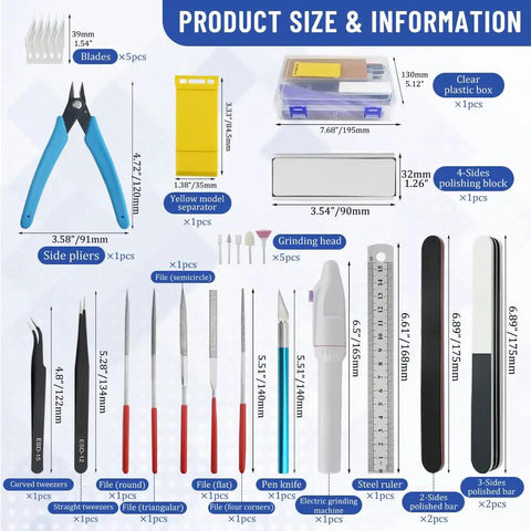 28 Piece Model Tools Kit For Hobby Builders, Essential DIY Craft Set For Cars, Airplanes, Buildings, Robots And Gundam Plastic Models, Quick Repairs And Fine Detailing For Beginners And Pros showing product size and tools
