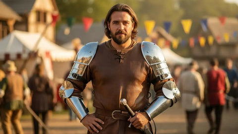 Medieval Steel Shoulder Armor Pauldrons In Silver, Rustic Vintage Style for LARP Cosplay and Reenactments, worn by man