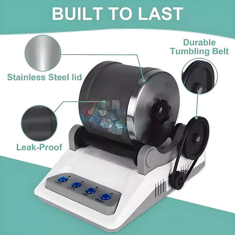 All In One Stone Polishing Kit With Rock Tumbler And Polishing Grits For DIY Gemstones showing stainless steel lid and belt.