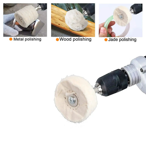 Eight Pack Polishing Wheels For Drill Buffing Wheel Kit with cotton pads on metal, wood, and jade surfaces