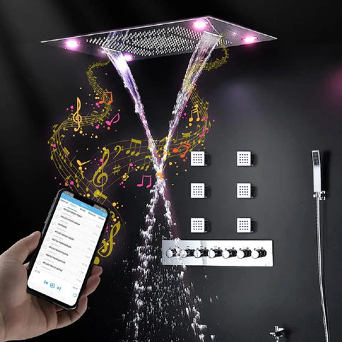 Top Notch LED Ceiling Shower Panel With Built In Bluetooth Speaker And Six Spray Functions Including Rainfall Waterfall And Body Mist For A Chill Spa Upgrade In Antique Brass, showing water flow and Bluetooth control.