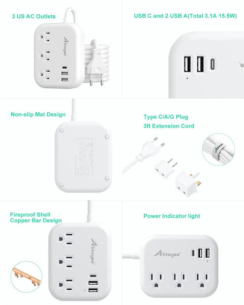 Grab And Go Global Travel Power Strip With Universal Plug Adapter 3 Outlets And 3 USB Ports showcasing design features