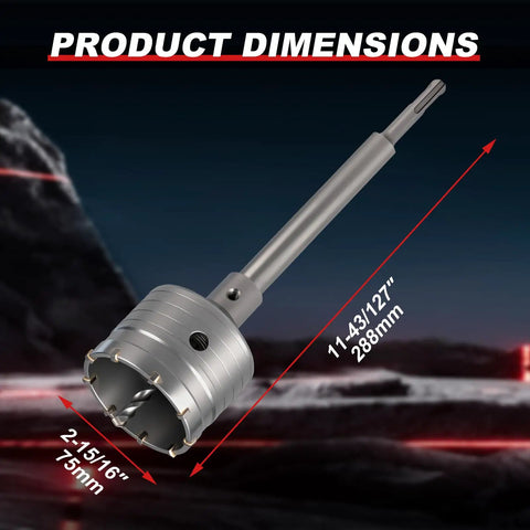 Product dimensions of Heavy Duty 3 Inch Concrete Hole Saw Kit featuring top shelf tungsten carbide bits and SDS Plus adapter.