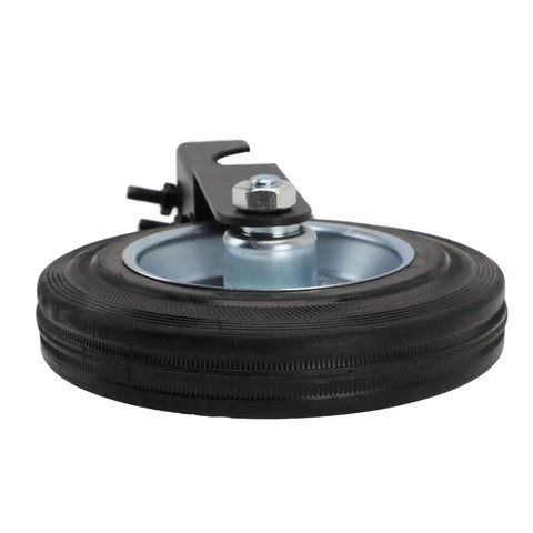 Built Tough 6 Inch Heavy Duty Gate Wheel With Solid Rubber Tire That Won Quit Supporting Up To 500 Lbs On Metal Farm Or Chain Link Fence Fits 1 To 2 Inch Tubes For Relentless Outdoor Duty, close-up view of wheel.