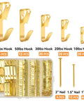 Rock Solid Picture Hanging Kit Top Shelf Heavy Duty Hooks And Nails For Drywall Wood 152 Piece Set with gold hooks and nails.