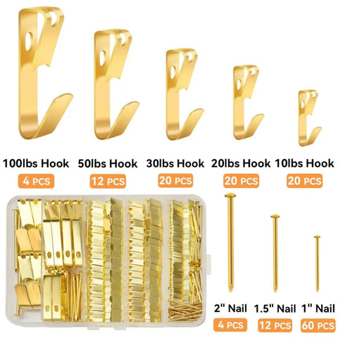 Rock Solid Picture Hanging Kit Top Shelf Heavy Duty Hooks And Nails For Drywall Wood 152 Piece Set with gold hooks and nails.