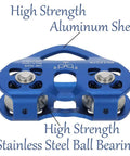 Blue Tandem Trolley Zip Line Pulley with aluminum body, stainless steel bearings, 30KN strength, for mountaineering and zip line setups.