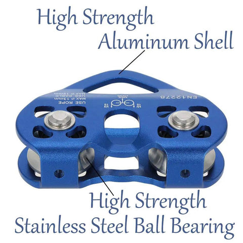Blue Tandem Trolley Zip Line Pulley with aluminum body, stainless steel bearings, 30KN strength, for mountaineering and zip line setups.