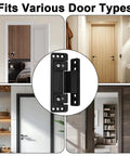 Four Pack Stealth Matte Black Hidden Door Hinges Straight Up Smooth And Built Legit With Rust Proof Zinc Alloy Plus Adjustable Silent Close Specs For Zero Hassle Cabinet Mounting And Quick Weekend Upgrades Across Main Street Homes shown fitting various door types.