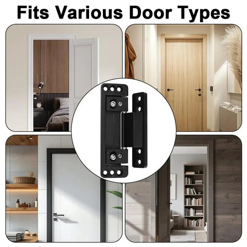 Four Pack Stealth Matte Black Hidden Door Hinges Straight Up Smooth And Built Legit With Rust Proof Zinc Alloy Plus Adjustable Silent Close Specs For Zero Hassle Cabinet Mounting And Quick Weekend Upgrades Across Main Street Homes shown fitting various door types.