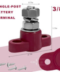 Two Pack 3/8 Inch 12V Car Battery Junction Post Block Heavy Duty Insulated Power Ground terminal with dimensions and mounting screws.