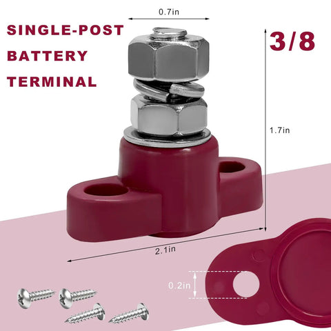 Two Pack 3/8 Inch 12V Car Battery Junction Post Block Heavy Duty Insulated Power Ground terminal with dimensions and mounting screws.