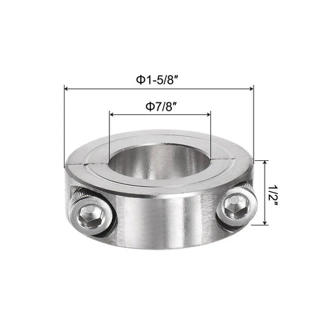 Two Piece Split Clamp On Shaft Collar For Seven Eighths Inch Shaft Outer Diameter One Half Inch Thick 304 Stainless Steel Set Screw Collar Built Tough For Positioning Spacing And Stops In Small Machinery