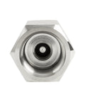 Close-up view of ChillWaves 304 stainless steel inline check valve; hexagonal body and central bore