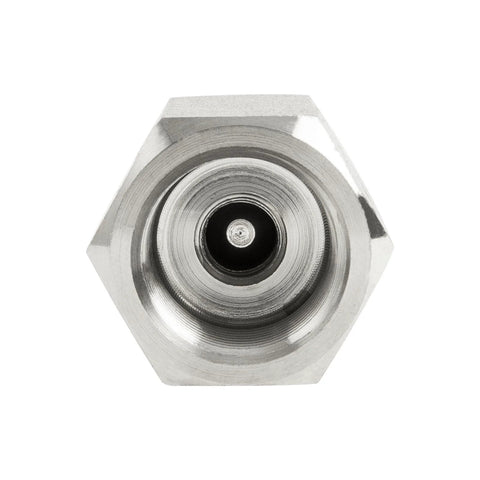Close-up view of ChillWaves 304 stainless steel inline check valve; hexagonal body and central bore