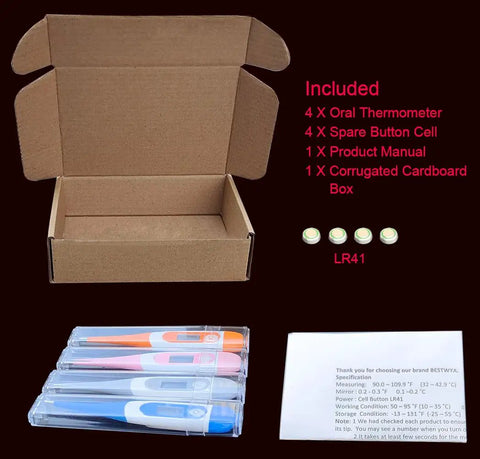 One Button Digital Thermometer For Fever Relief, No Fuss Oral And Rectal Use For Adults, Pack Of 4, Minimalist Sleek Design, Quick Accurate Readings, Easy Operation For Busy Homes, pack contents with box, batteries, and manual