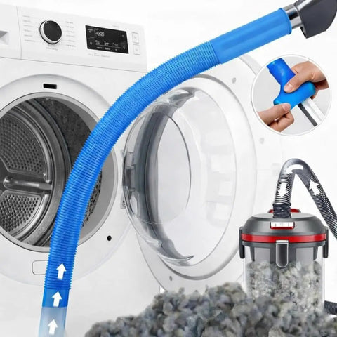 Pro Grade Dryer Vent Cleaner Kit with vacuum hose attached to dryer and lint brush, showcasing lint removal process.