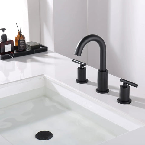 Black Matte Widespread Bathroom Faucet With Pop Up Drain And Supply Hose, 8 Inch, Two Handles, Three Hole Mount, Solid Brass Construction