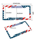 Two Pack Patriotic License Plate Frames For The 250th Anniversary Stars And Stripes Aluminum Plate Holder Fits Standard US 12 By 6 Inch Four Hole Mount With Fade Resistant Print Screws Included, showing dimensions and design.