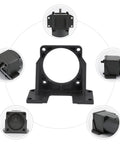 Front view of black aluminum alloy motor mounting bracket for 180W–370W AC gear reducer; four-hole base.