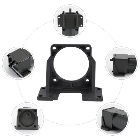 Front view of black aluminum alloy motor mounting bracket for 180W–370W AC gear reducer; four-hole base.