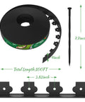 4 Inch Tall Landscape Edging Kit, 100 Ft Flexible Lawn Border With 99 Anchoring Spikes shown with dimensions and spool