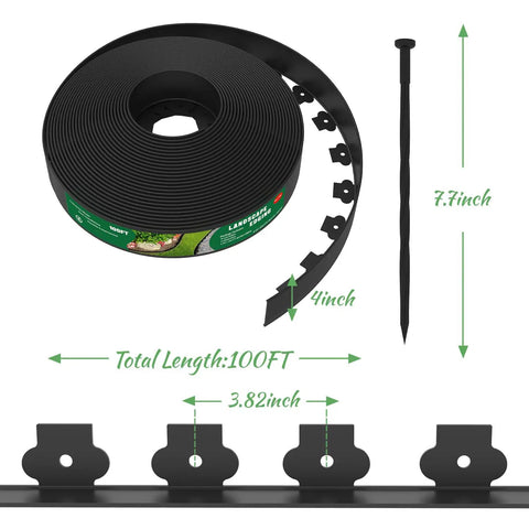 4 Inch Tall Landscape Edging Kit, 100 Ft Flexible Lawn Border With 99 Anchoring Spikes shown with dimensions and spool