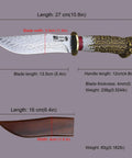 Damascus Steel Hunting Knife With Faux Antler Handle, 5.4 Inch Fixed Blade Skinner showing dimensions and wooden sheath
