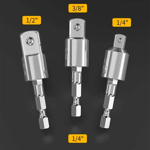 Flex Swivel Socket Adapter Kit With 6 Pieces For Automotive Repair featuring Heavy-Duty Steel Build And Universal 360 Degree Rotation To Tackle Tough Job Sites In Style., 1/4, 3/8, and 1/2 inch steel socket adapters
