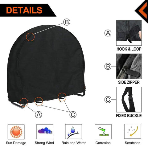 Outdoor Waterproof Log Rack Cover Heavy Duty Windproof UV Resistant Tarp with details of hook, zipper, buckle, and protection elements