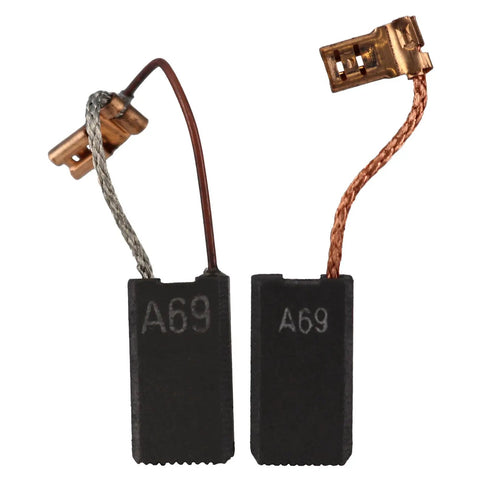 Rock Solid Carbon Brush Replacement Set For Compatible Rotary Hammer Drills 2 Pack showing two black carbon brushes with copper connectors.