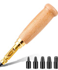 Slick Wooden Handle Bookbinding Tool With Six Interchangeable Tips Adjustable Leather Hole Punch with brass detailing