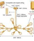 Modern Sputnik Chandelier 12 Light Gold Metal Ceiling Fixture for Living Room Bedroom Dining Kitchen and Office Dope Statement Lighting with E26 Base LED Compatible Bulbs Not Included 38.6 Inch Diameter showing dimensions and features