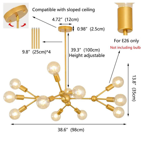 Modern Sputnik Chandelier 12 Light Gold Metal Ceiling Fixture for Living Room Bedroom Dining Kitchen and Office Dope Statement Lighting with E26 Base LED Compatible Bulbs Not Included 38.6 Inch Diameter showing dimensions and features