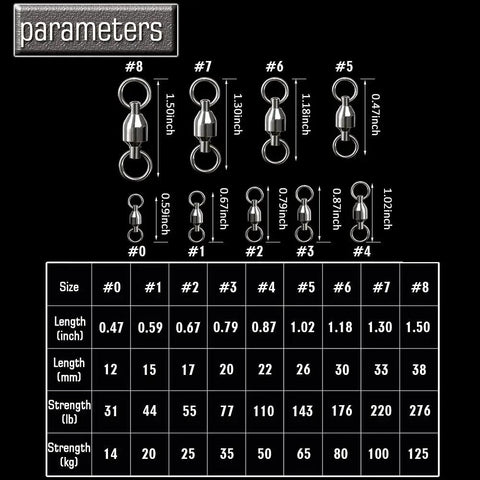 Saltwater Rolling Barrel Ball Bearing Swivels With Stainless Steel Construction High Strength Solid Welded Rings Black Nickel Finish 25 Pack 110 Lb Capacity For Serious Fishing, sizes #0-#8 chart