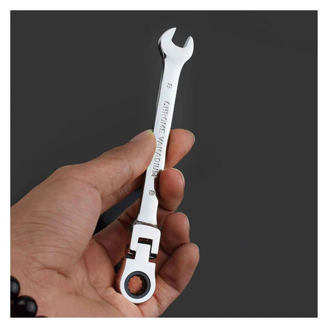 Hand holding a ratchet spanner from the Ratchet Spanner Set With Multitool Keys For Quick Car Repairs, shiny and rust-resistant.