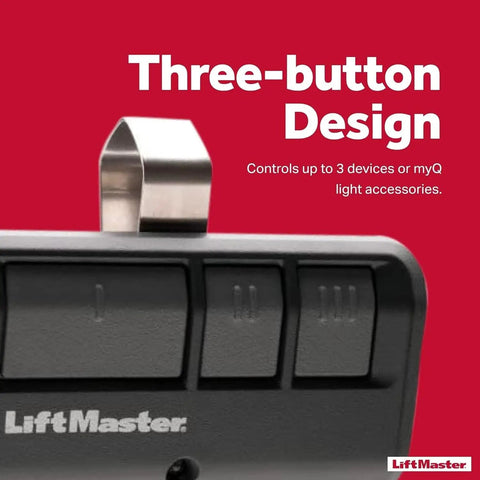 Close-up of Security+ 2.0 3 Button Visor Clip Garage Door Opener Remote for Yellow Button Models with three-button design.