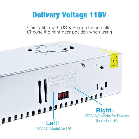 Beefy 12V 50A 600W Universal Power Supply with voltage switch, showing the 110V AC model for US and 220V for Europe