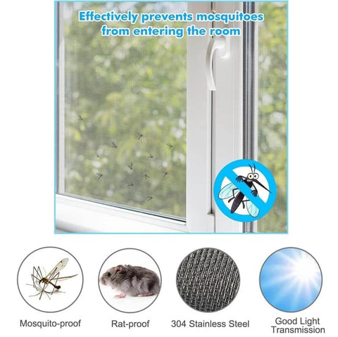 Rugged 304 Stainless Steel Wire Mesh Screen 15.7 Inch By 47.2 Inch with 1mm Holes, shown installed on window for mosquito prevention.