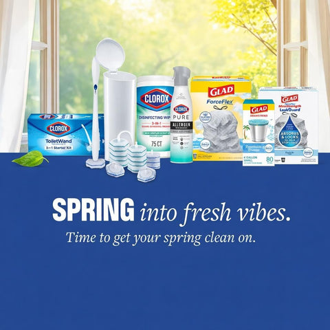 Image of cleaning products including Clorox and Glad under text 'Spring into fresh vibes' with a nature window background.