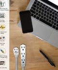 15ft Heavy Duty Extension Cord With 3 Outlets Grounded Plug Flush Fit Design That Sits Tight Against Walls 16/3 SPT-3 Contractor Grade Ideal For Home And Small Appliances shown beside laptop on desk
