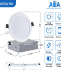 Ultra Thin 6 Inch Smart LED Recessed Light 4 Pack RGB Dimmable CCT Downlight With Junction Box 13W 1040 Lumens High Brightness Works With Alexa Google Home App Control, showcasing features and dimensions.