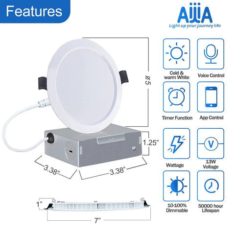 Ultra Thin 6 Inch Smart LED Recessed Light 4 Pack RGB Dimmable CCT Downlight With Junction Box 13W 1040 Lumens High Brightness Works With Alexa Google Home App Control, showcasing features and dimensions.