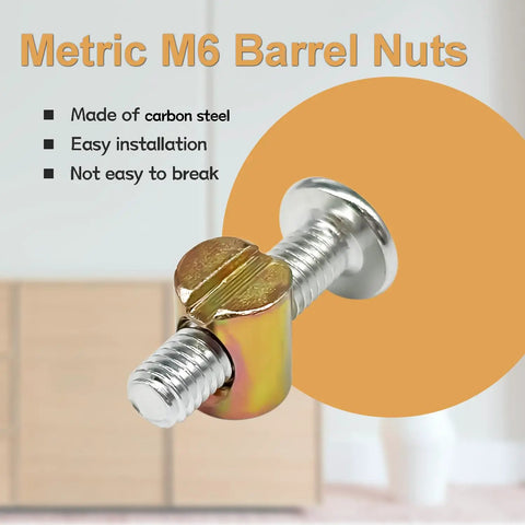 Badass M6 Barrel Nut And Cross Dowel Kit Including Seventy Six Pieces Of Galvanized Steel Hardware For Rock Solid Bed Frames And No Mess Woodworking Jobs That Are Straight Fire And Built Tough, showing a close-up of a carbon steel barrel nut.
