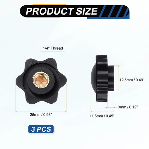Three Pack One Quarter Inch Star Knobs With Six Point Plastic Heads 25mm Diameter Brass Insert Non Through Hole Screw In Threaded Knobs