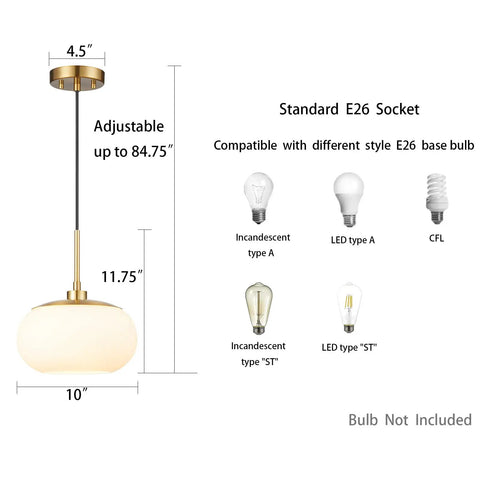 Single Opal Glass Pendant Light With Antique Brass Finish dimensions and bulb compatibility