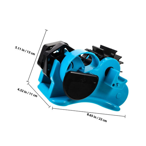 Semi Automatic Heat Tape Cutter With Compact Desktop Packing Station And Lightweight Tape Holder For Quick Box Sealing And Top Shelf Shipping Hustle The Reliable Gadget For Smooth Tape Dispensing Routine Blue side view with dimensions.