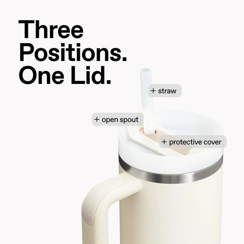Quencher H2.0 Tumbler With Handle And Straw 40 Oz For Travel, FlowState lid with straw, open spout, and protective cover