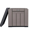 Versatile Outdoor Storage Cube Deck Box Doubles As Cozy Bench Seat And 25 Gallon Capacity Weather Resistant Patio Organizer with open lid.