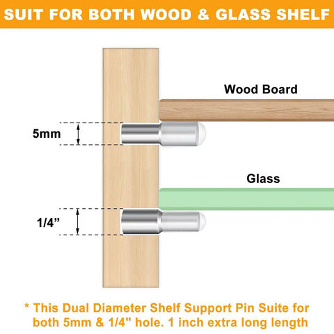 Heavy Duty Zinc Alloy Shelf Pegs With Slick Silicone Covers Hella Strong Dual Size Hardware For Kitchen Cabinets Closets Wood Furniture Brackets Knockout Home Upgrade Project showing dual shaft design for 5mm and 1/4" holes with wood and glass shelves.